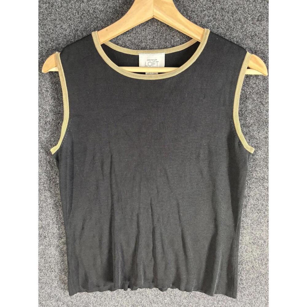 Loft Top Women M Medium Black Sleeveless Wide Strap Stretch Round Neck Silk